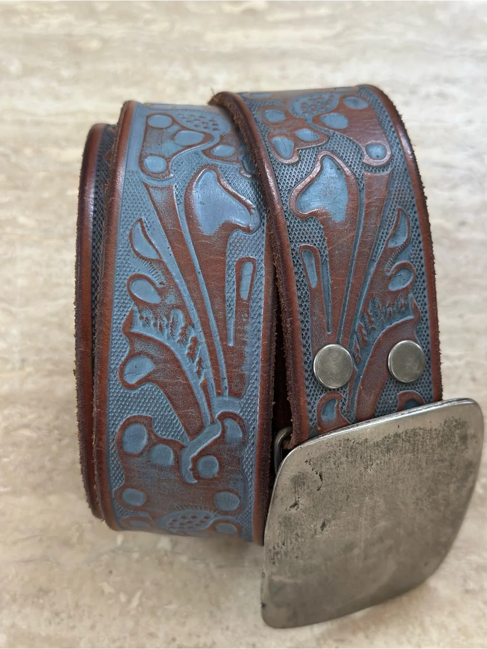 Hand-Tooled Blue Brown Leather Belt with Distressed Silver Buckle Western 34-38
